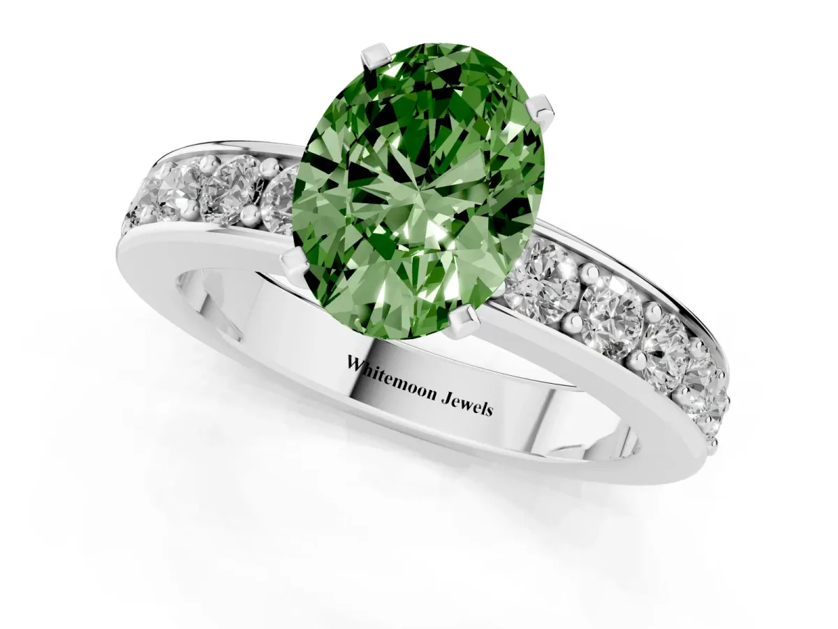 Fancy Green Oval Cut Diamond Engagement Ring with Channel Set Round Band and Prong Setting Platinum