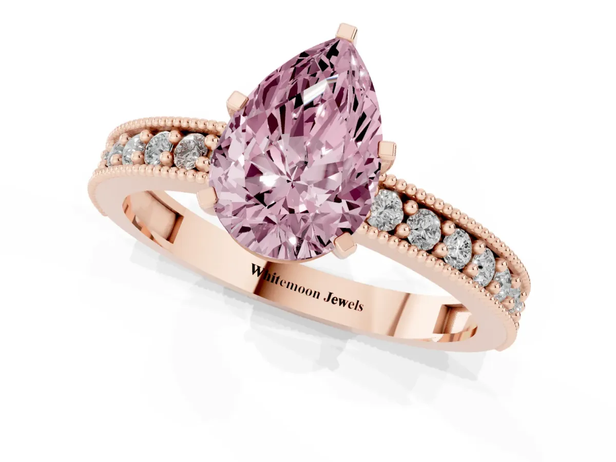 Fancy Pink Pear Cut Diamond Milgrain Pavé Engagement Ring with Four-Prong Setting Rose gold