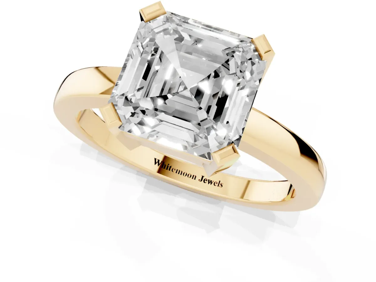 Asscher Cut Cut Solitaire Ring with Four-Prong Setting and Classic Band Yellow gold