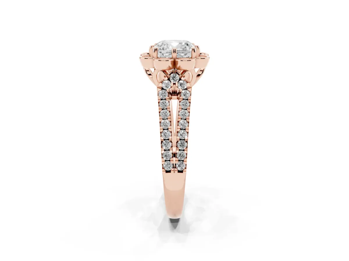 Cushion Cut Halo Diamond Floral Split Shank Engagement Ring Rose gold