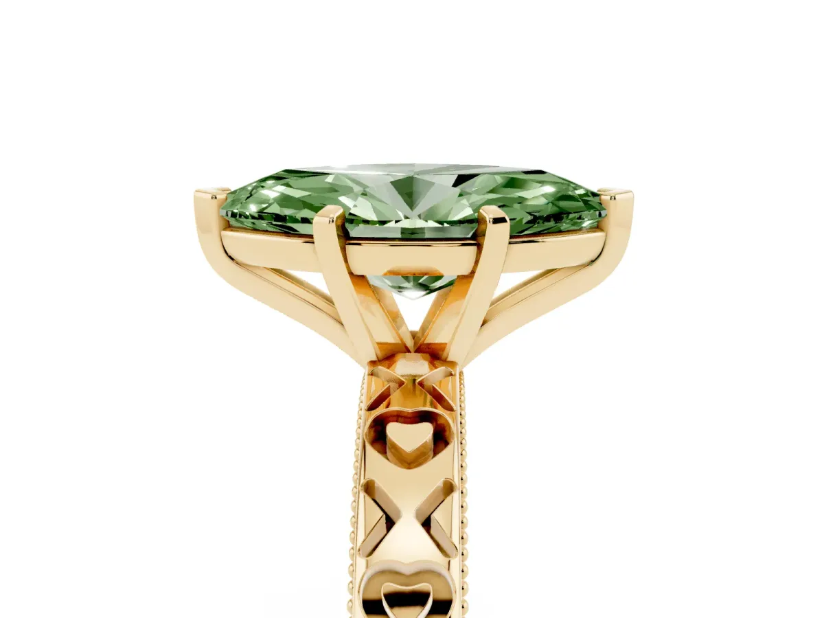 Fancy Green Marquise Cut Solitaire Diamond Engagement Ring with XO Engraved Band and Four-Prong Setting Yellow gold