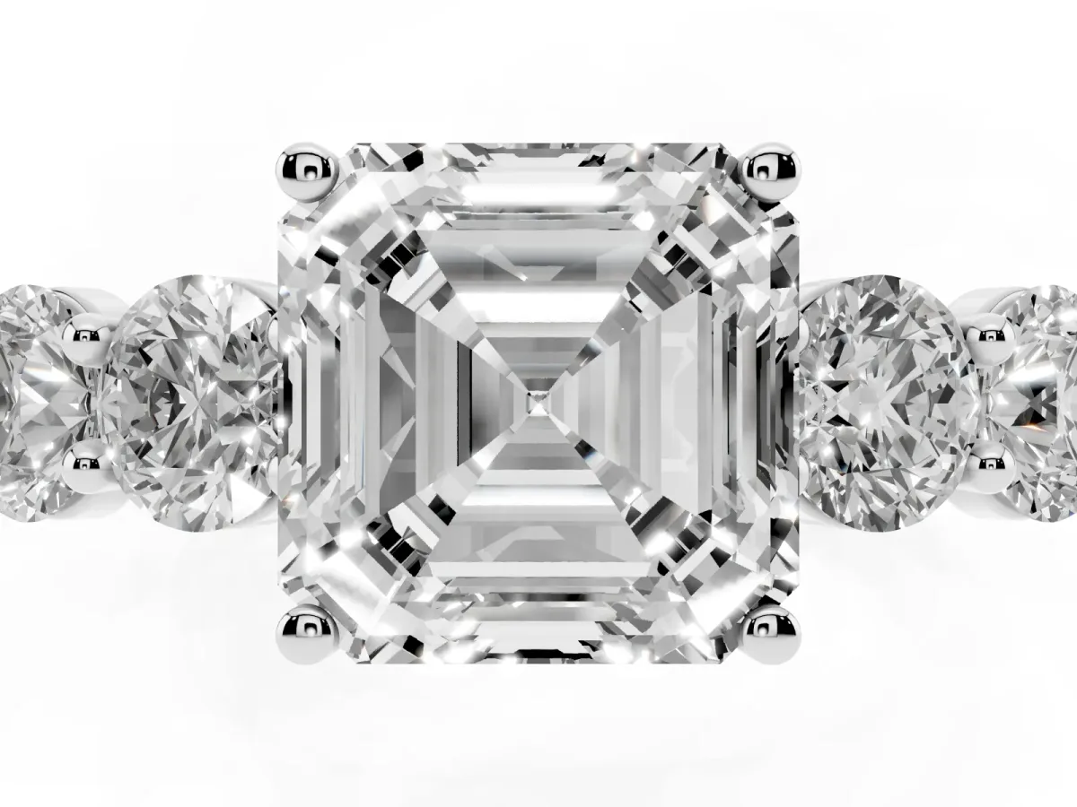 Asscher Cut Cut Five-Stone Prong Set Diamond Ring with Classic Band White gold