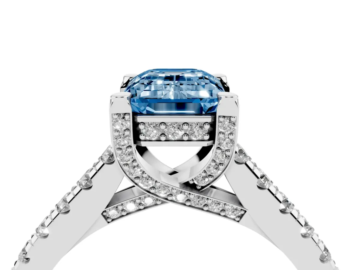 Fancy Blue Emerald Cut Brilliant Diamond Solitaire with Pavé Band and Four-Prong Setting Platinum