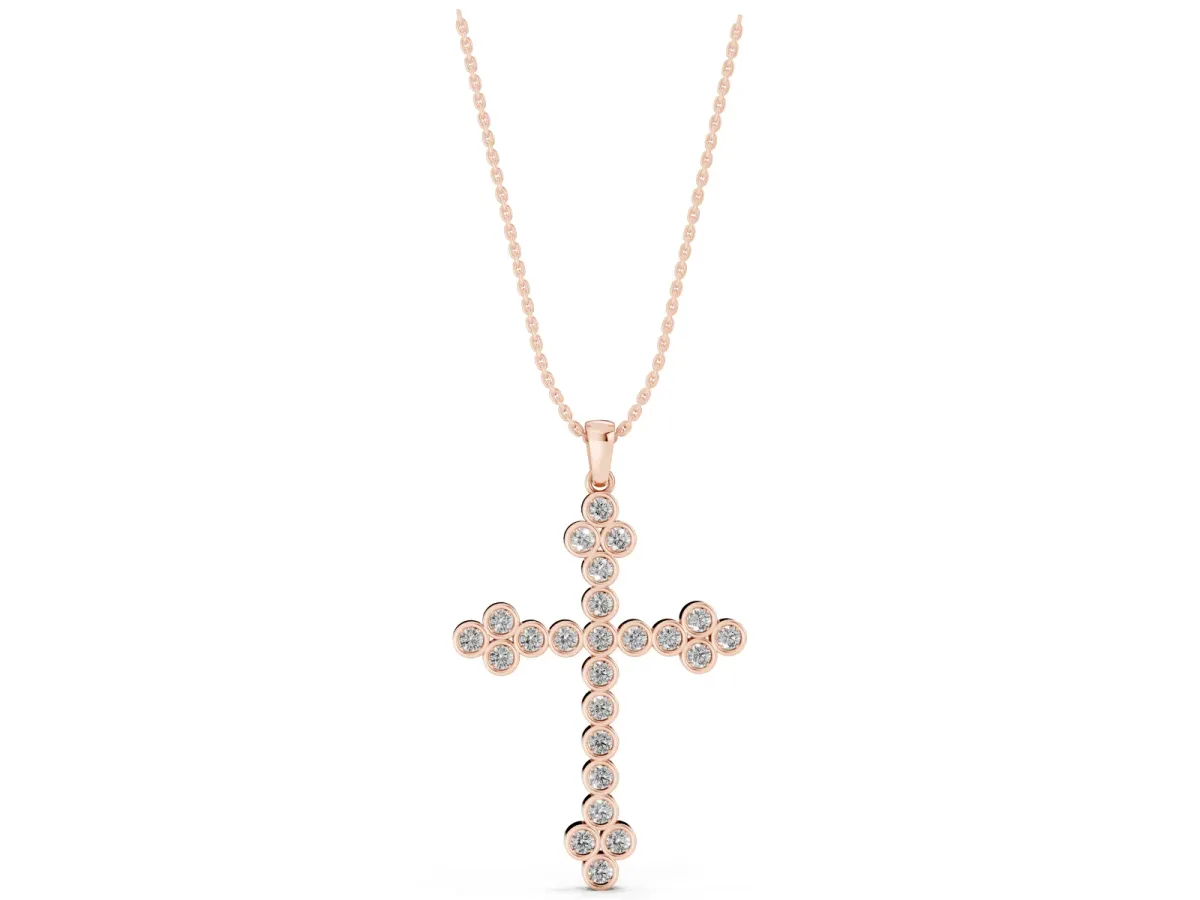 Round Diamond Bezel Set Cross Pendant Rose gold