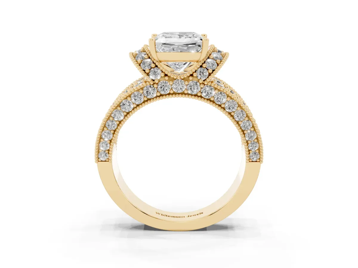 Princess Cut Halo Pave Diamond Engagement Ring with Milgrain Detailing Yellow gold