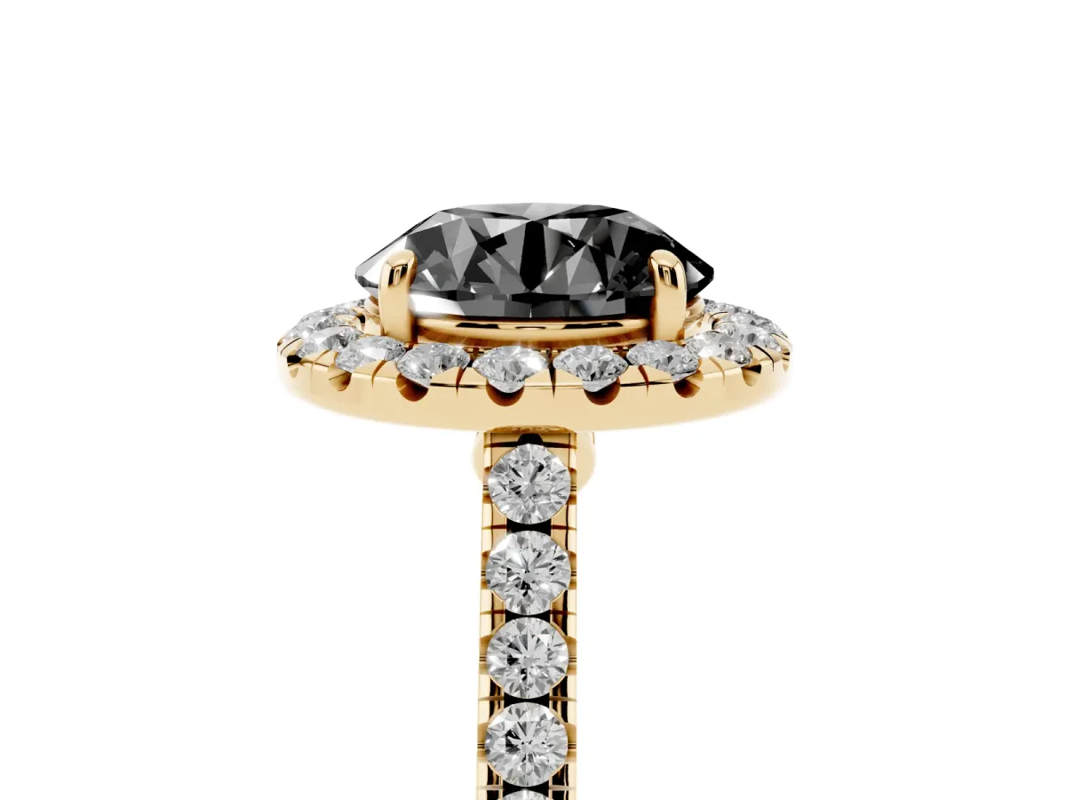 Fancy Black Round Cut Halo Pave Diamond Engagement Ring with Four-Prong Setting Yellow gold