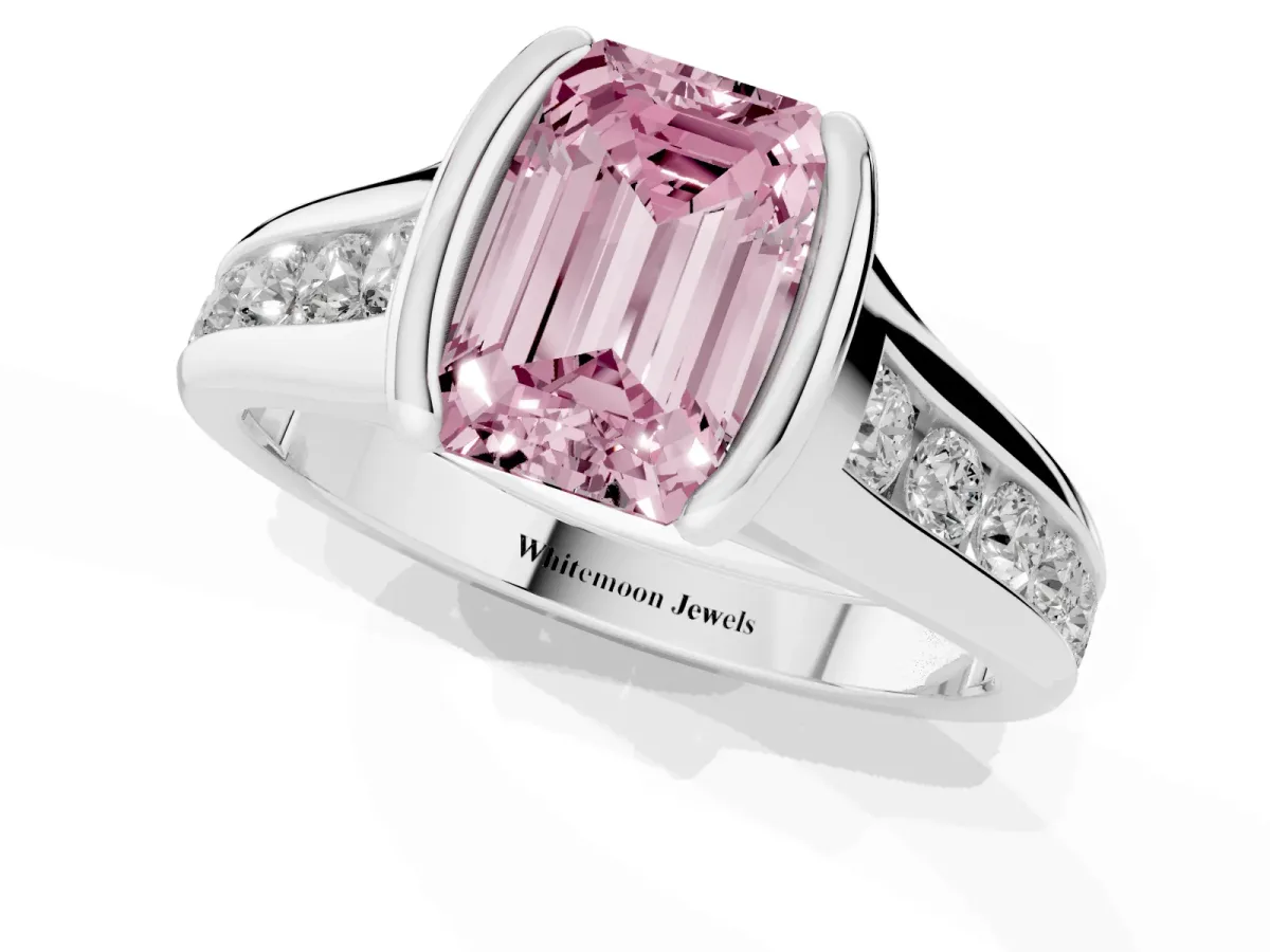 Fancy Pink Emerald Cut Solitaire Bezel-Set Diamond Ring with Channel-Set Band Platinum