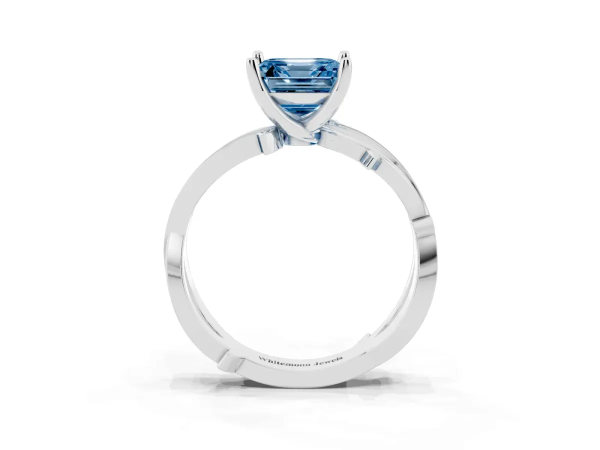 Fancy Blue Asscher Cut Solitaire Twist Band with Pavé Accents and Four-Prong Setting White gold