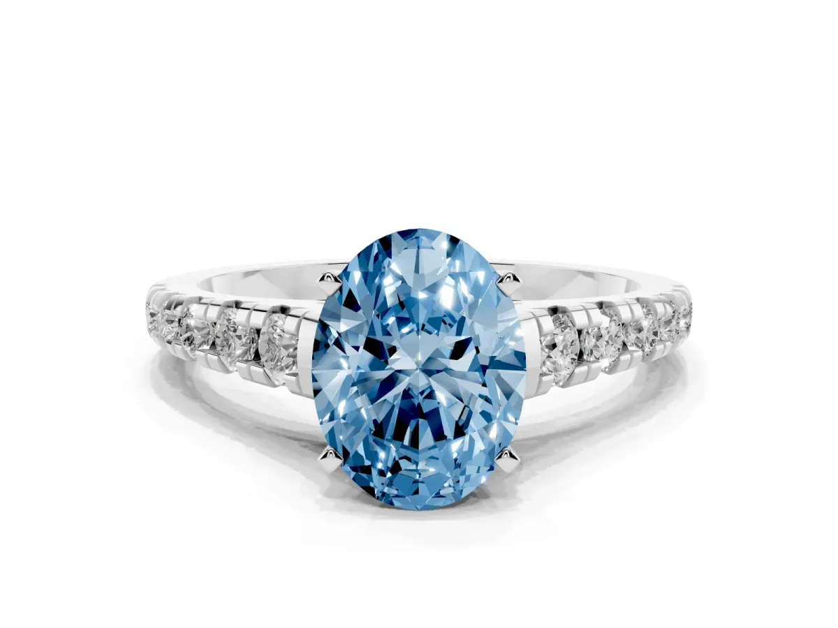 Fancy Blue Oval Cut Diamond Cathedral Solitaire Ring with Round Pavé Band Silver