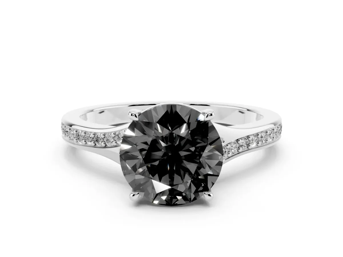 Fancy Black Round Cut Diamond Solitaire Ring with Pavé Band and Prong Setting Silver