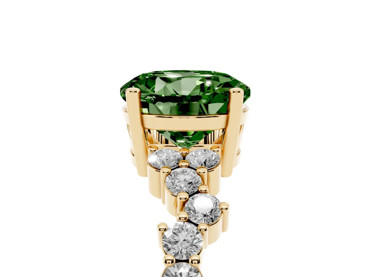 Fancy Green Round Cut Diamond Scattered Round Accent Ring with Prong Setting Yellow gold