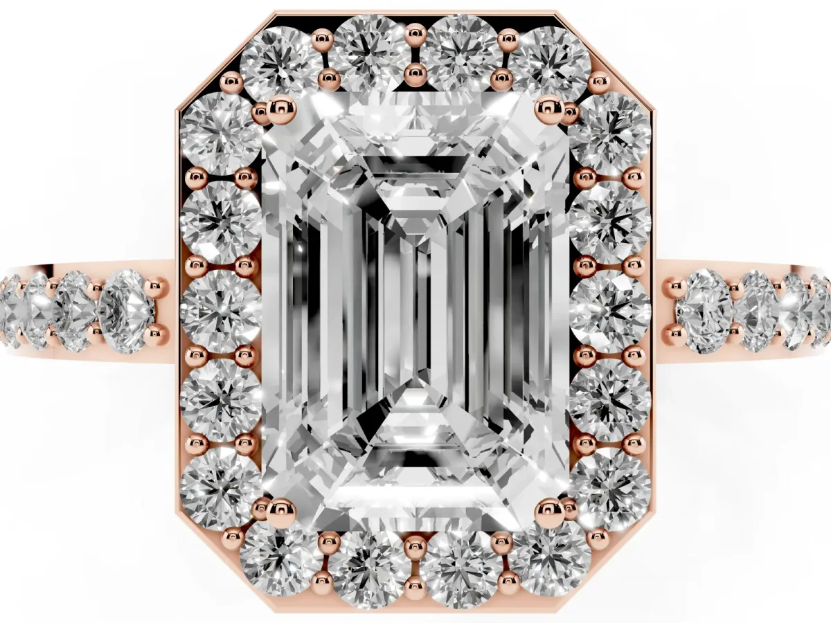Emerald Cut Halo Diamond Pavé Band Ring with Prong Setting Rose gold