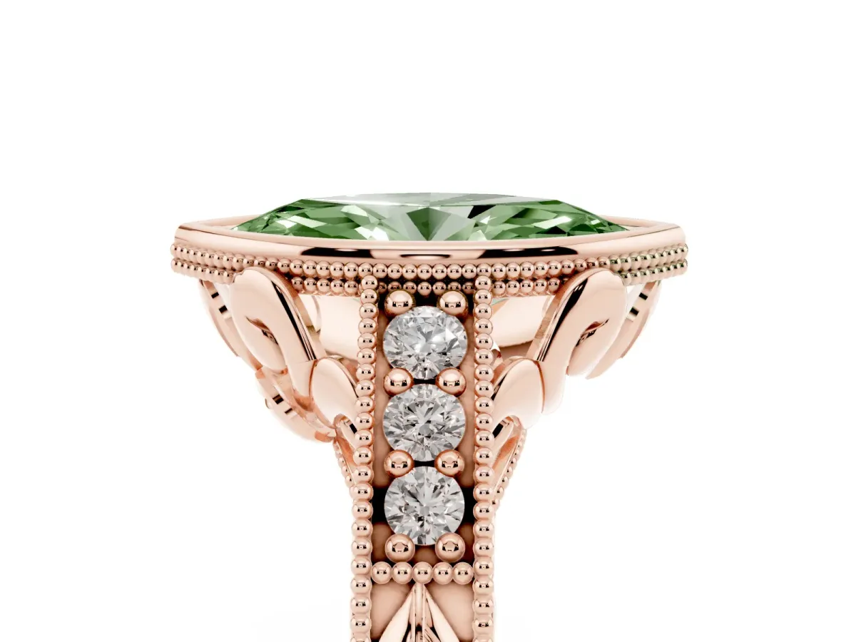 Fancy Green Bezel Set Marquise Cut Diamond Milgrain Pave Engagement Ring Rose gold