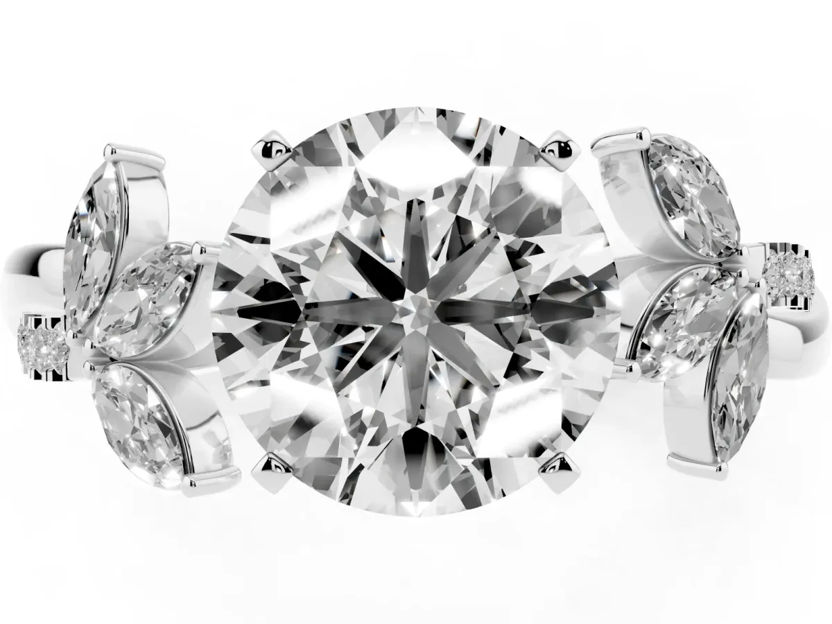 Round Cut Diamond Floral Vine Solitaire Engagement Ring Silver
