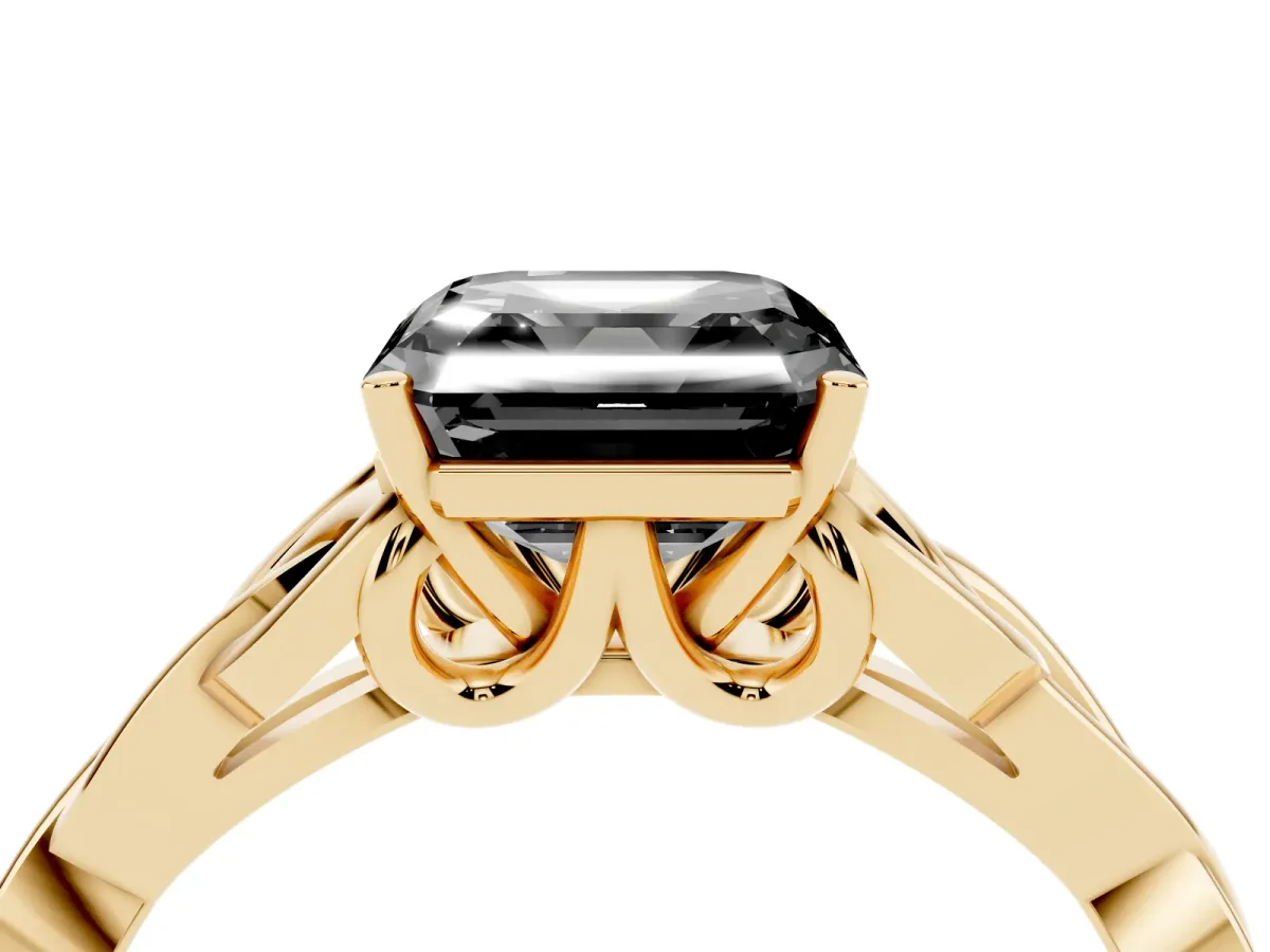Fancy Black Asscher Cut Diamond Solitaire Engagement Ring with Celtic Knot Band and Four-Prong Setting Yellow gold