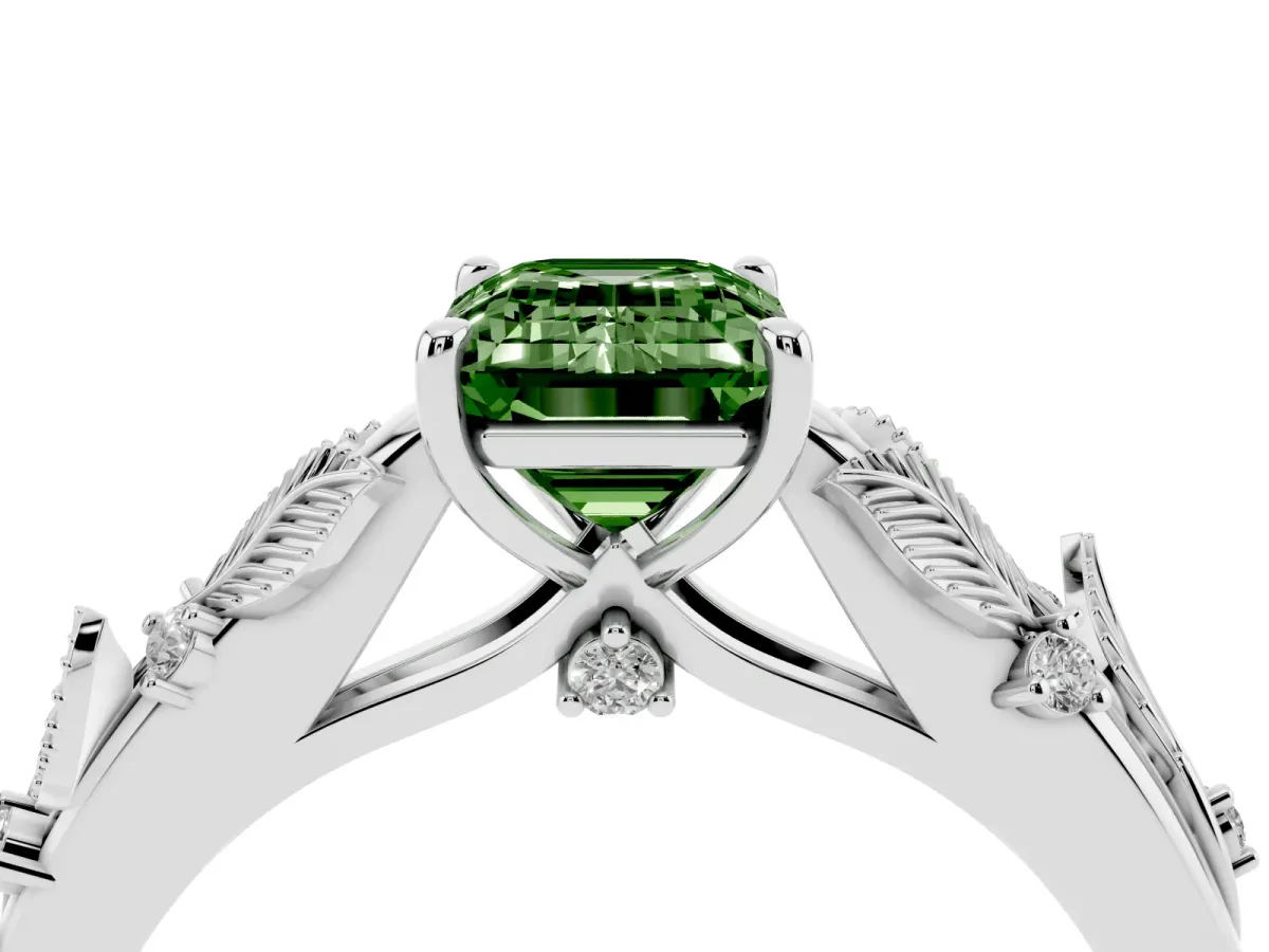 Fancy Green Emerald Cut Diamond Solitaire Ring with Leaf Motif Band and Four-Prong Setting Silver