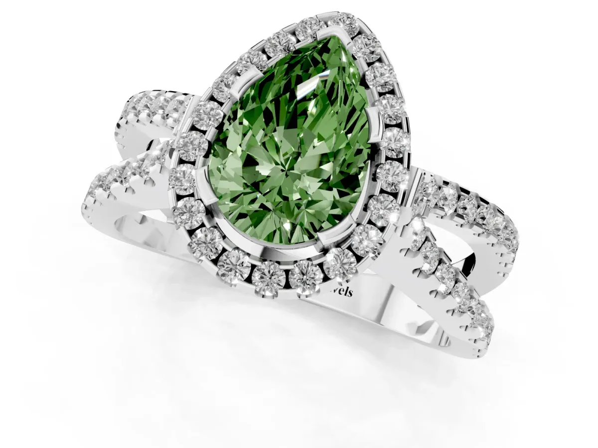Fancy Green Pear Cut Diamond Halo Ring with Split Shank Pavé Band and Prong Setting Silver