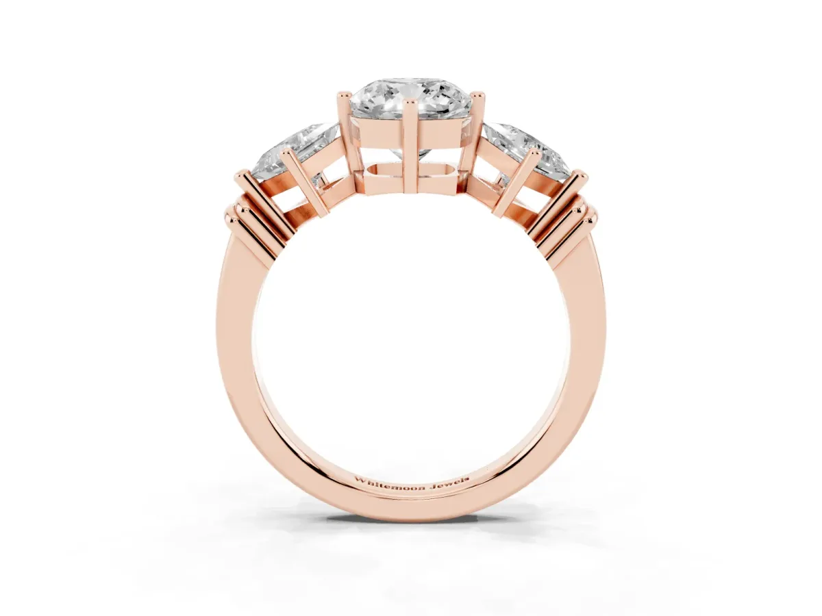 Three-Stone Cushion Cut and Princess Cut Diamond Ring with Channel Band and Four-Prong Setting Rose gold