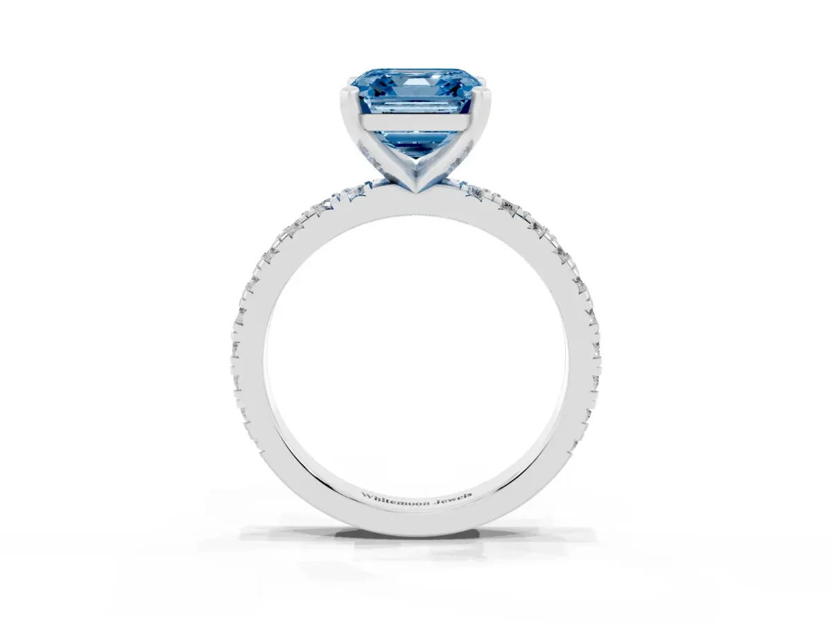 Fancy Blue Asscher Cut Diamond Pavé Band Solitaire with Four-Prong Setting Silver