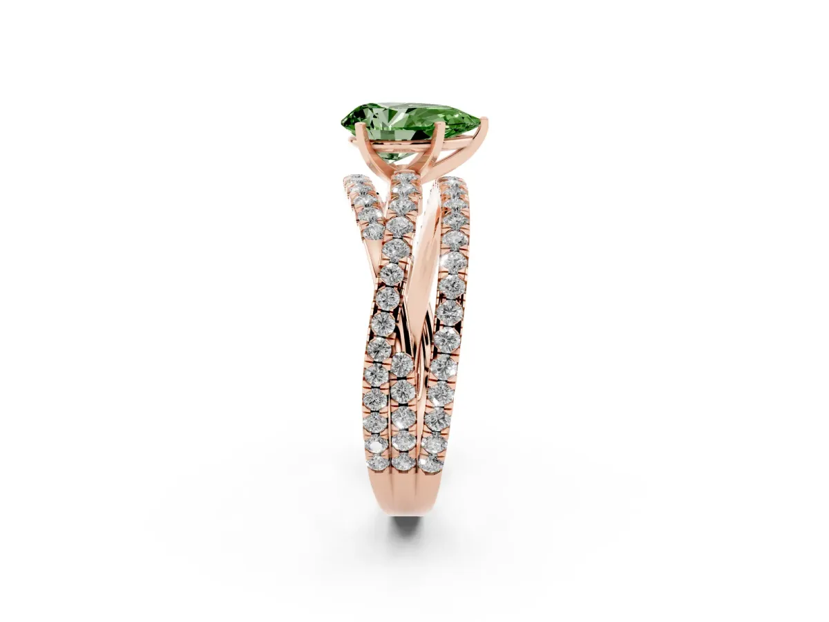 Fancy Green Pear Cut Solitaire Twist Band with Pavé Setting and Four-Prong Setting Rose gold