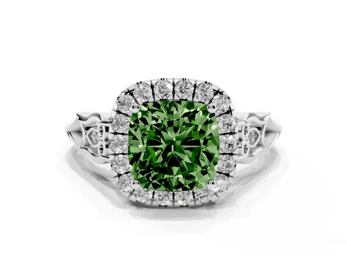 Fancy Green Cushion Cut Halo Diamond Engagement Ring with Filigree Band and Four-Prong Setting Silver