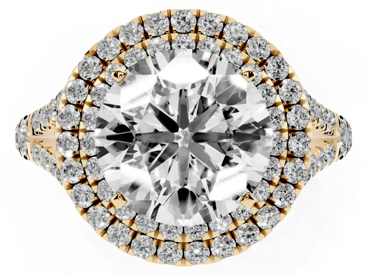 Round Cut Cut Double Halo Split Shank Diamond Ring with Prong Setting Yellow gold
