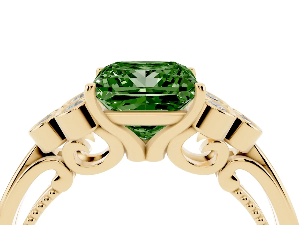 Fancy Green Princess Cut Cut Diamond Engagement Ring with Bezel Set Round Side Stones and Prong Setting Yellow gold