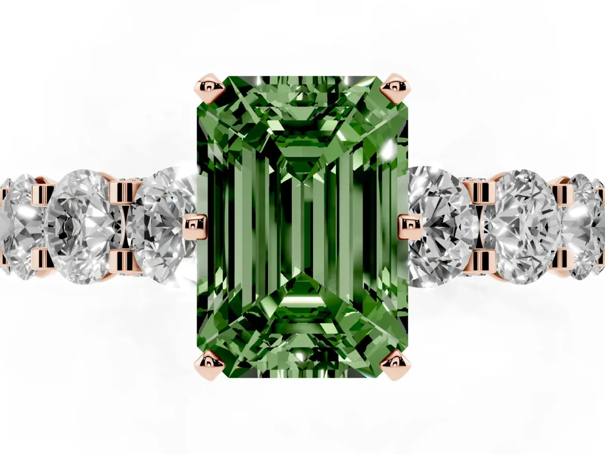 Fancy Green Emerald Cut Diamond Side Stone Engagement Ring with Four-Prong Setting Rose gold