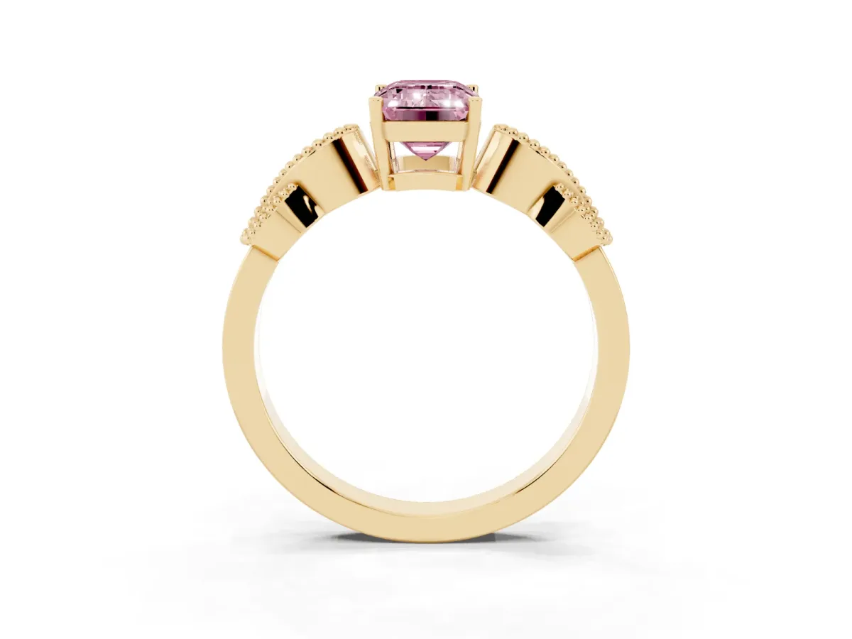 Fancy Pink Emerald Cut Solitaire Milgrain Leaf Band with Prong Setting Yellow gold