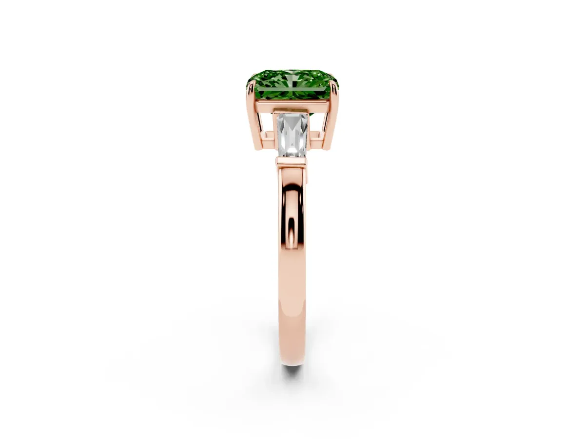 Fancy Green Radiant Cut Diamond Three-Stone Ring with Tapered Baguette Side Stones and Prong Setting Rose gold