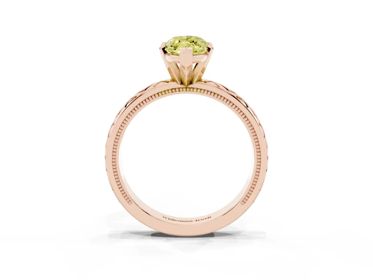 Fancy Yellow Marquise Cut Solitaire Diamond Ring with Milgrain and Black Enamel X Pattern Band Rose gold