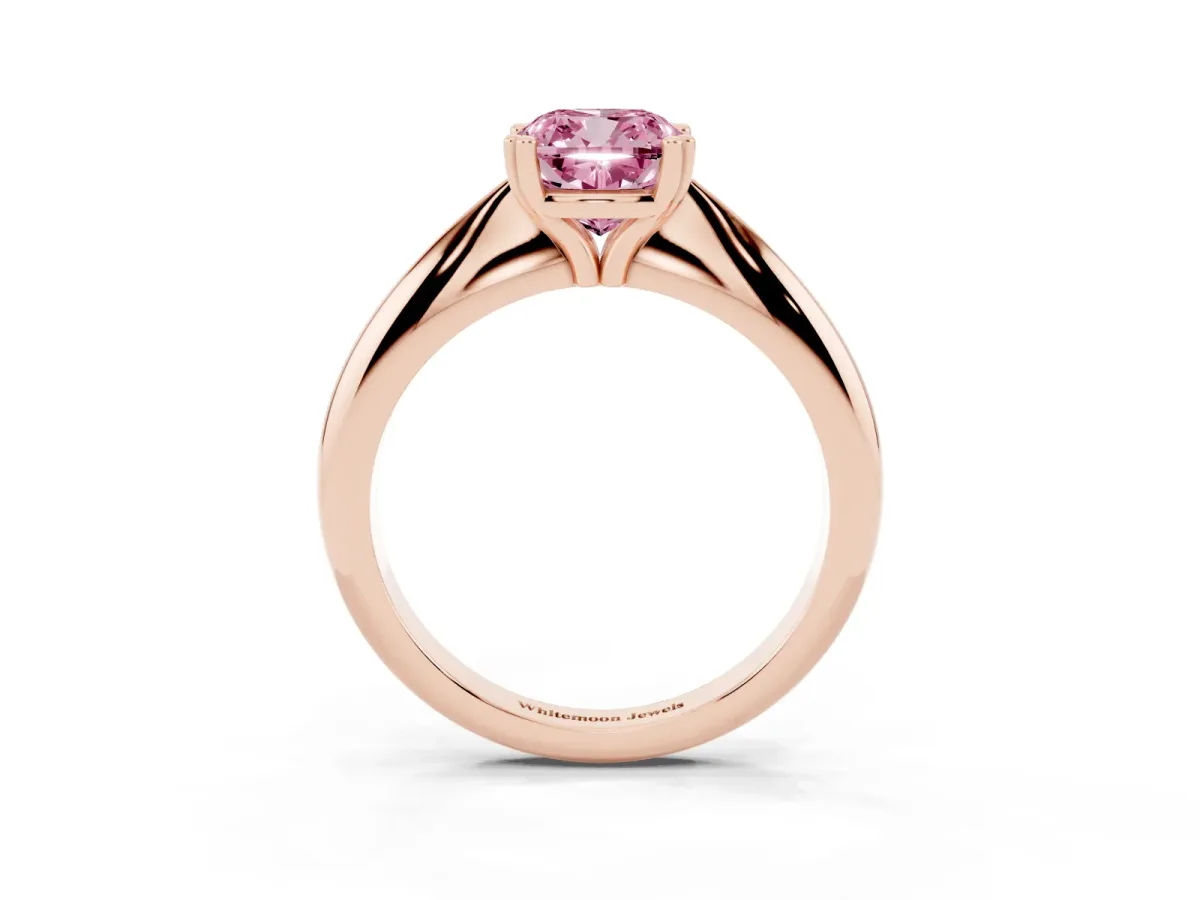 Fancy Pink Cushion Cut Cut Solitaire Engagement Ring with Tapered Band and Four-Prong Setting Rose gold