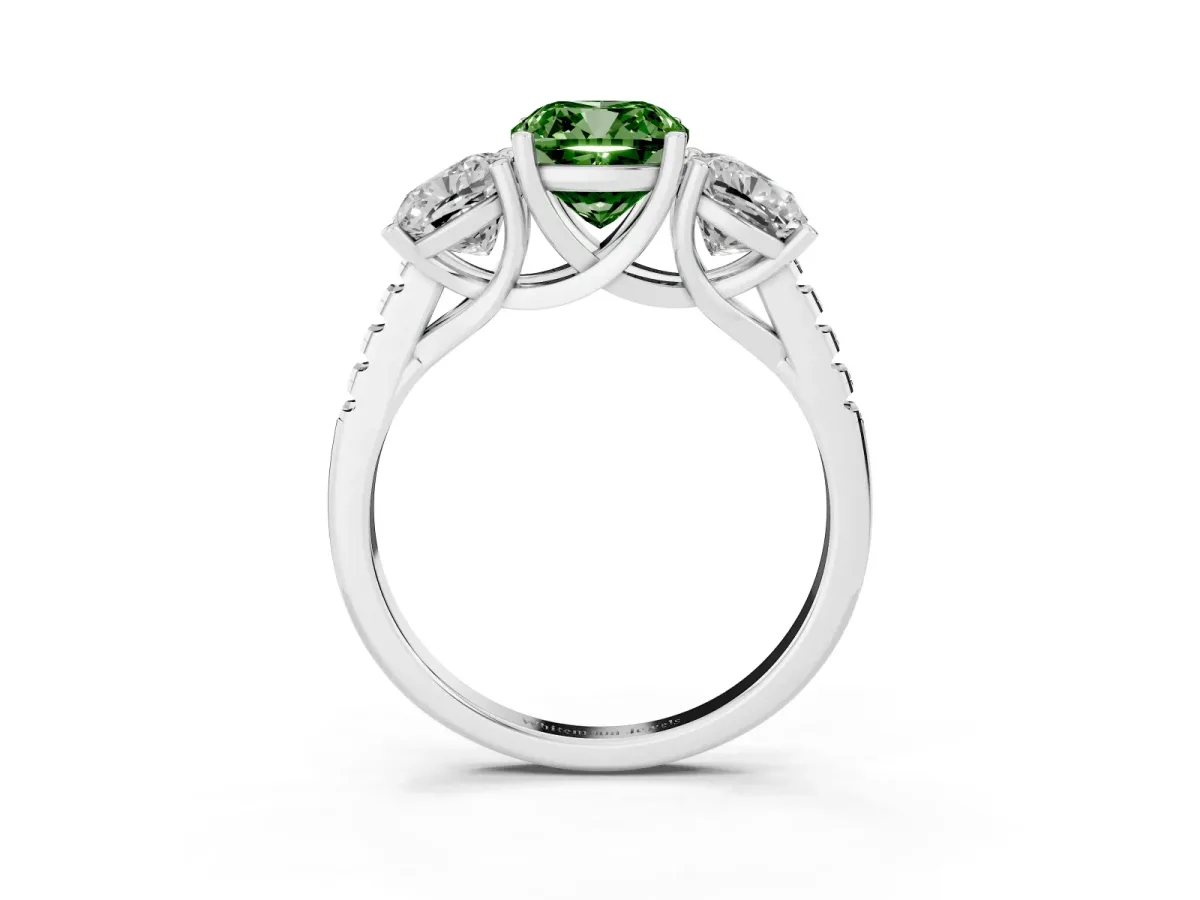 Fancy Green Three-Stone Cushion Cut Diamond Ring with Round Pavé Band and Prong Setting Silver