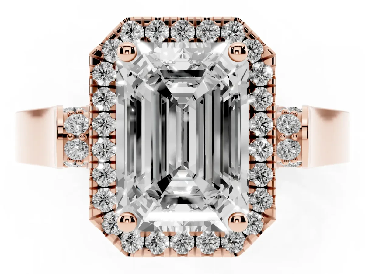 Emerald Cut Halo Pave Split Shank Prong Setting Ring Rose gold