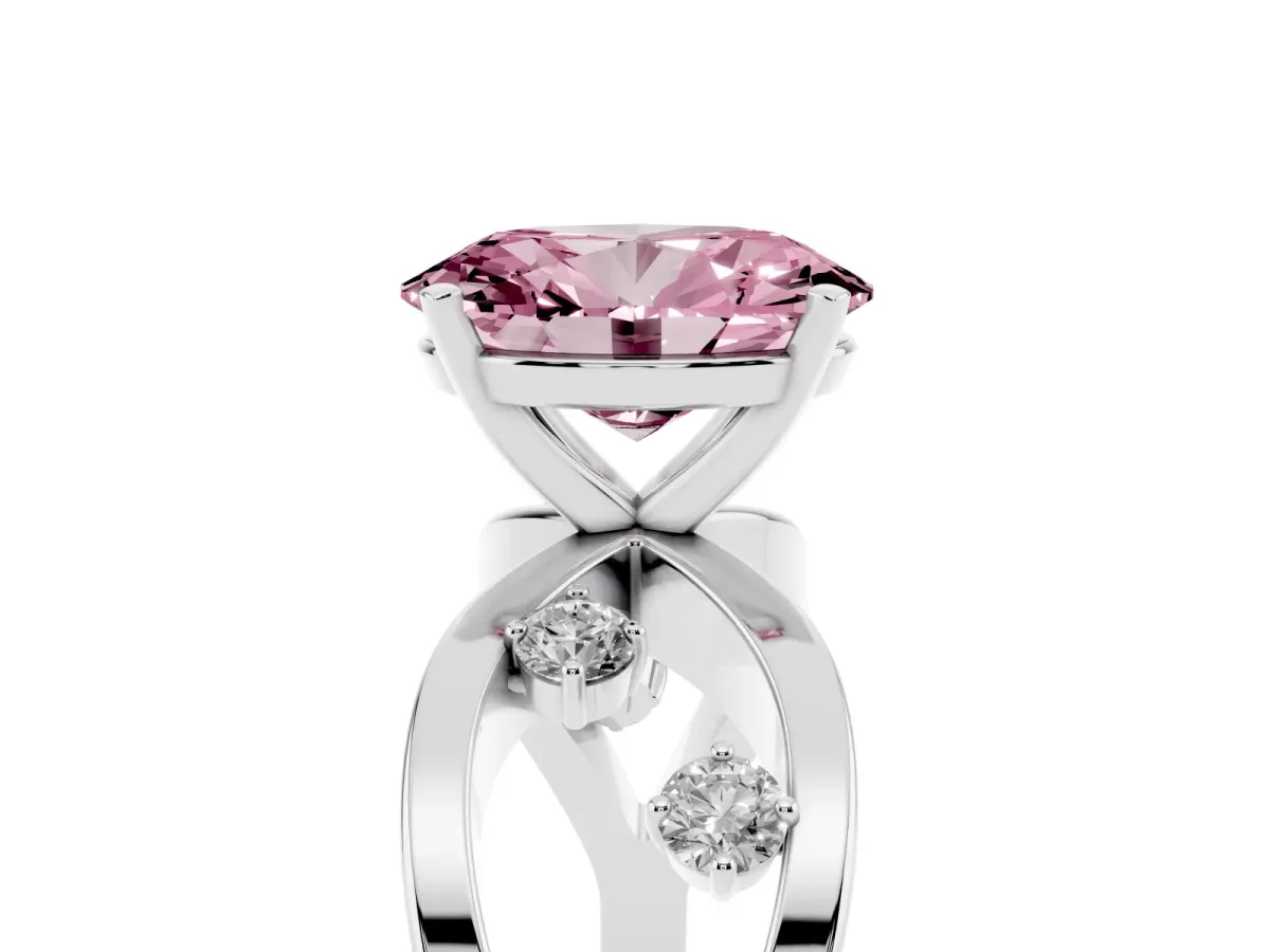 Fancy Pink Oval Cut Cut Solitaire Diamond with Side Stones on Criss-Cross Band and Four-Prong Setting Platinum