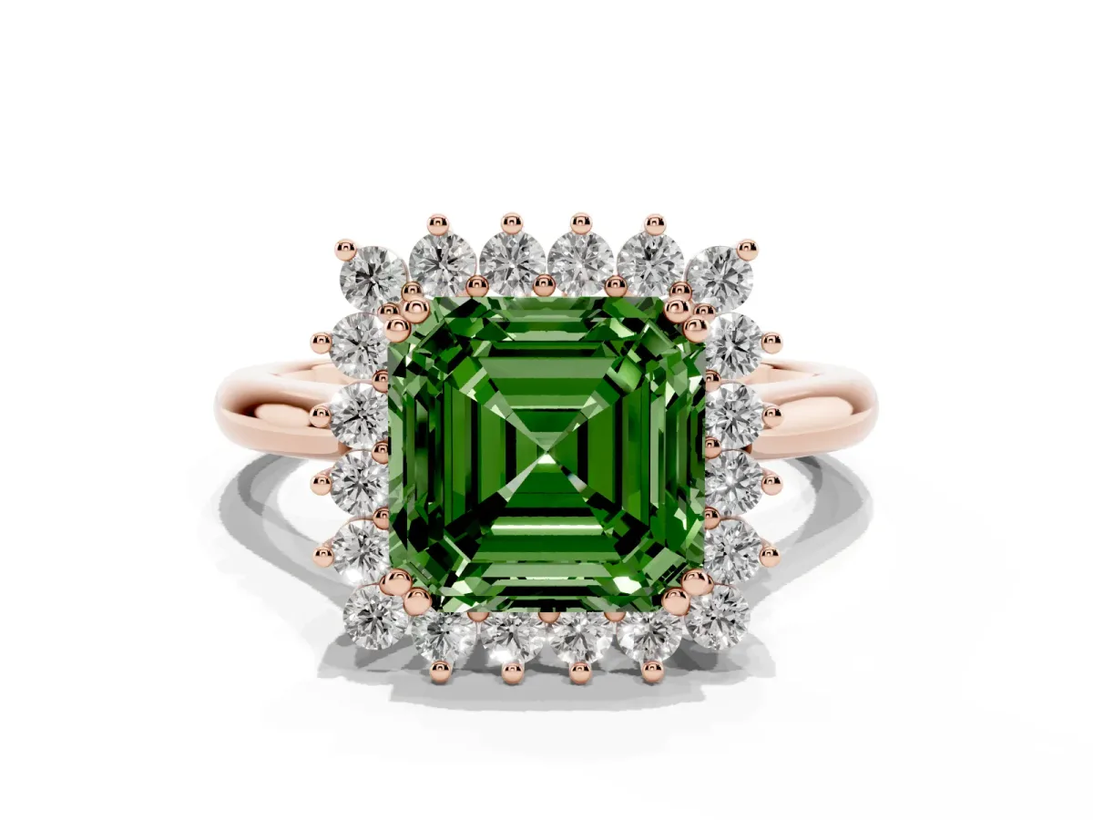 Fancy Green Asscher Cut Cut Diamond Halo Ring with Solitaire Band and Prong Setting Rose gold