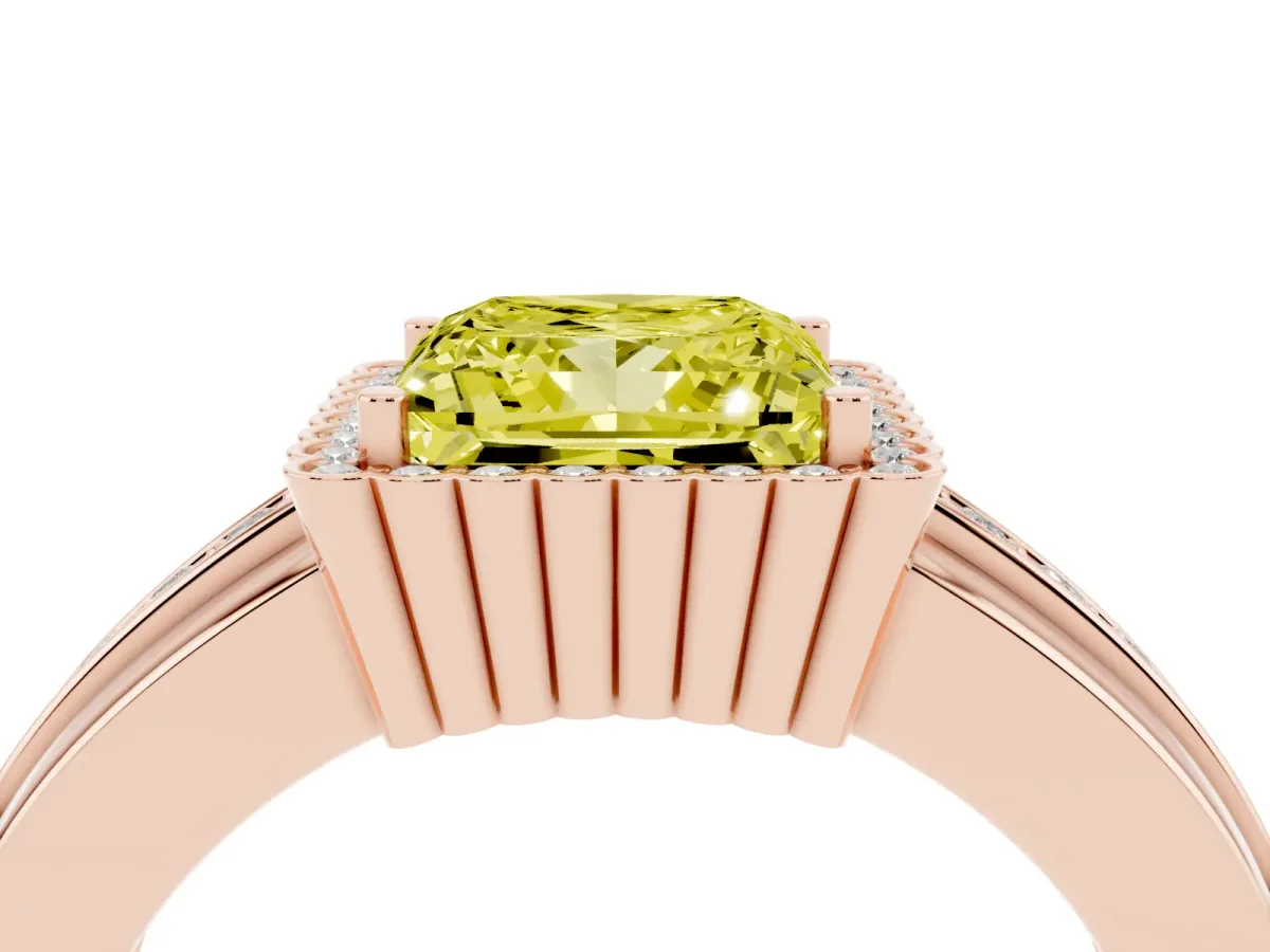 Fancy Yellow Princess Cut Cut Halo Pave Band Four-Prong Ring Rose gold