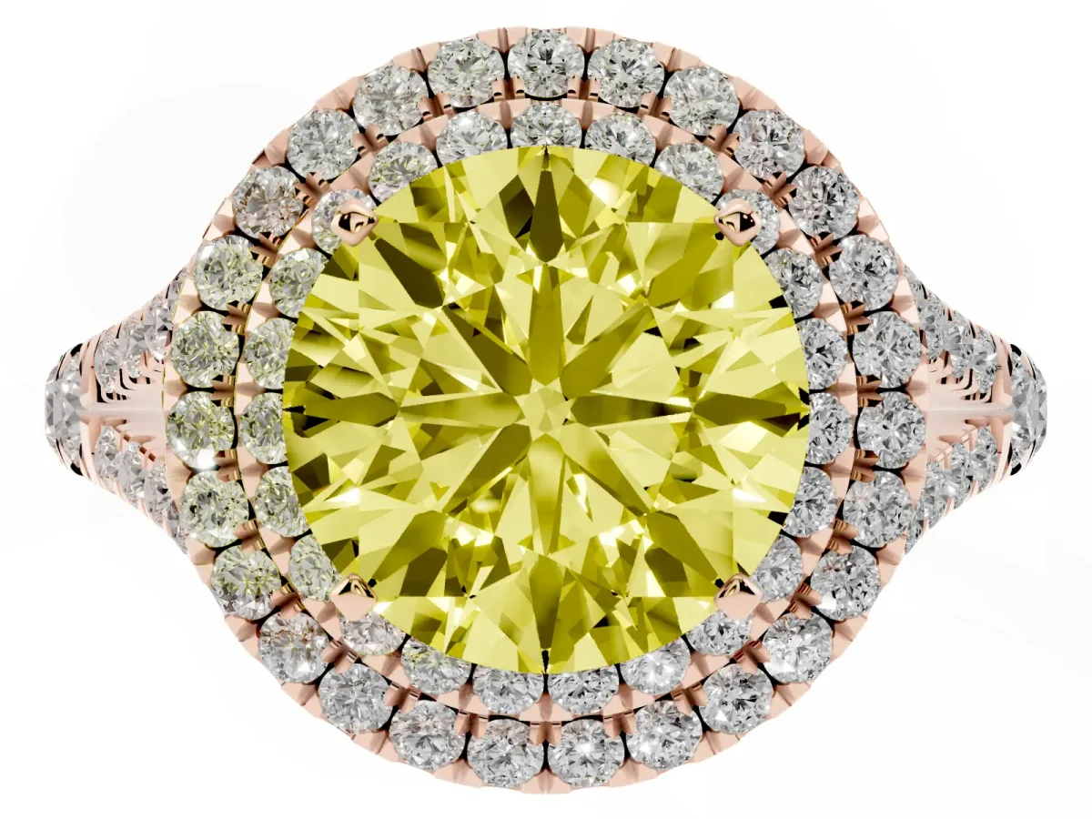 Fancy Yellow Round Cut Cut Double Halo Split Shank Diamond Ring with Prong Setting Rose gold