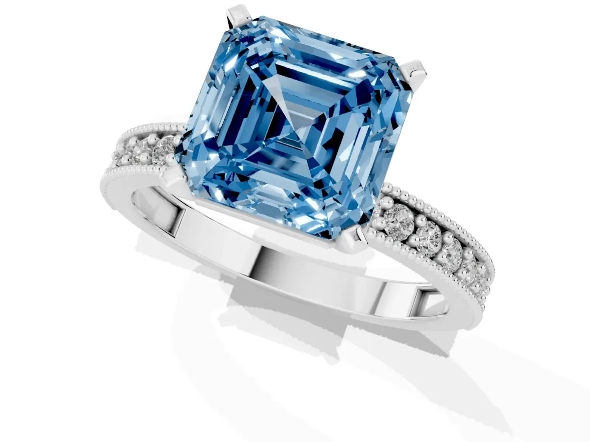 Fancy Blue Asscher Cut Diamond Milgrain Pavé Engagement Ring with Four-Prong Setting Silver