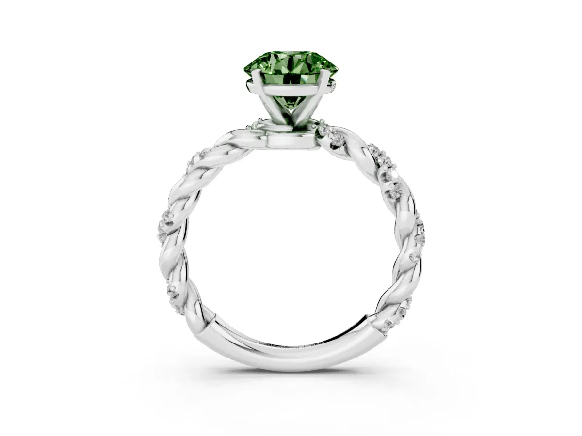 Fancy Green Round Cut Diamond Solitaire Ring with Twisted Band and Pavé Accents Silver
