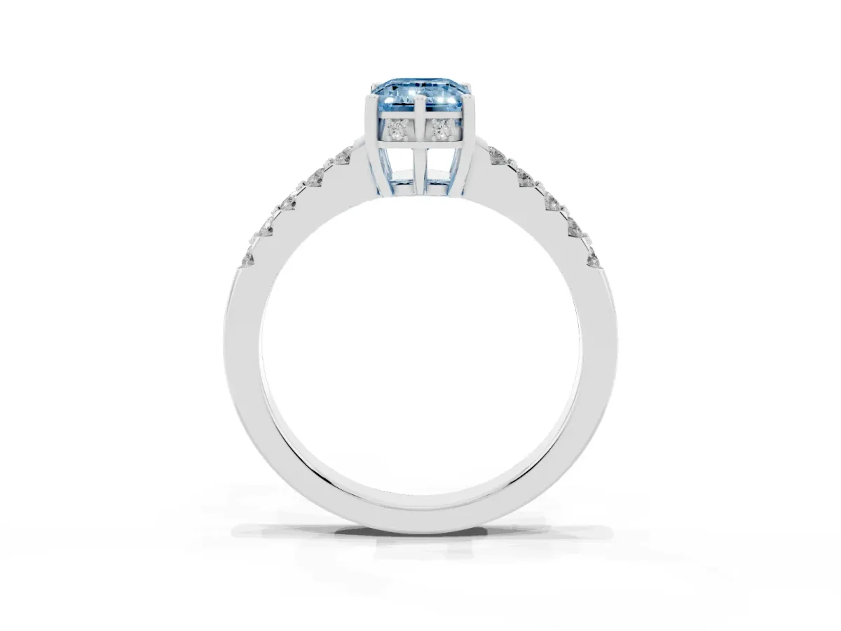 Fancy Blue Emerald Cut Solitaire Diamond Engagement Ring with Pavé Band and Six-Prong Setting Silver
