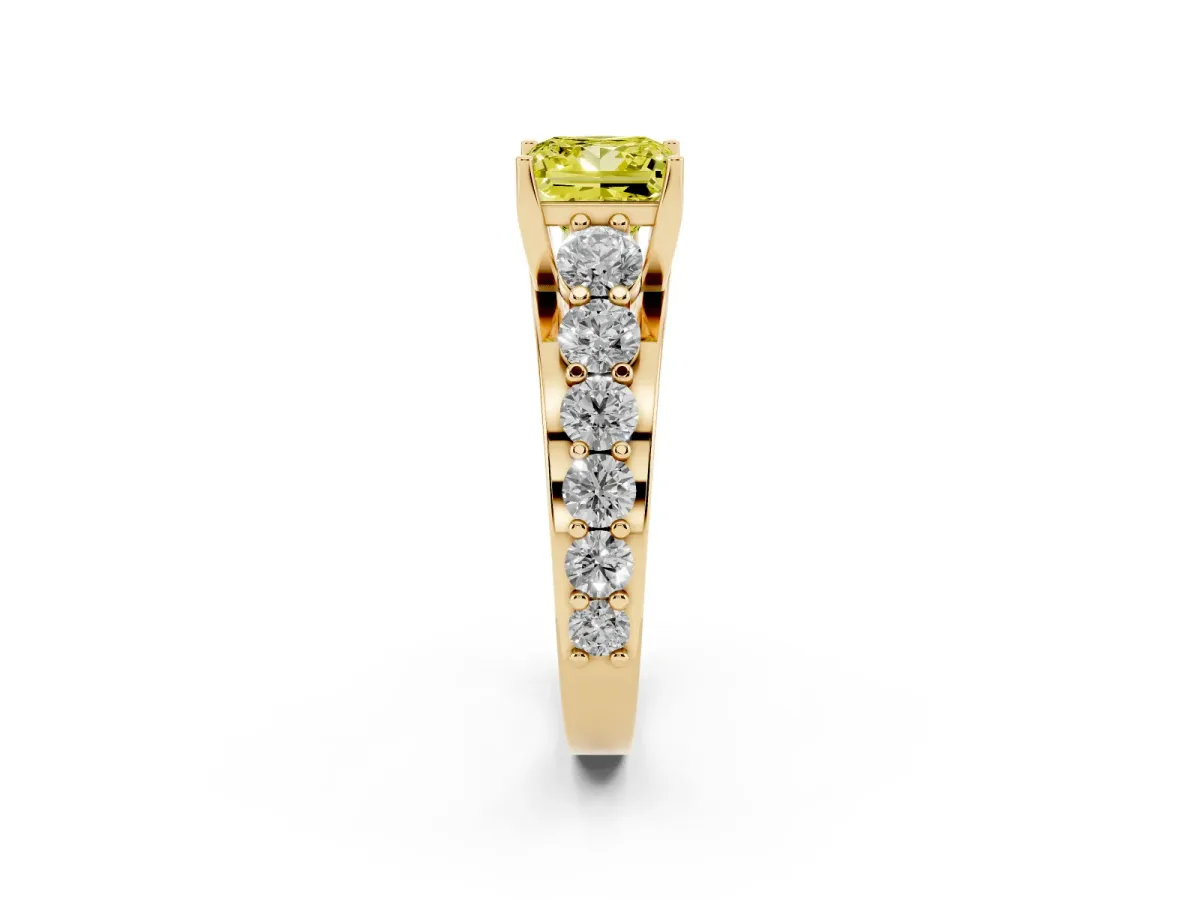 Fancy Yellow Princess Cut Diamond Engagement Ring with Pavé Band and Four-Prong Setting Yellow gold