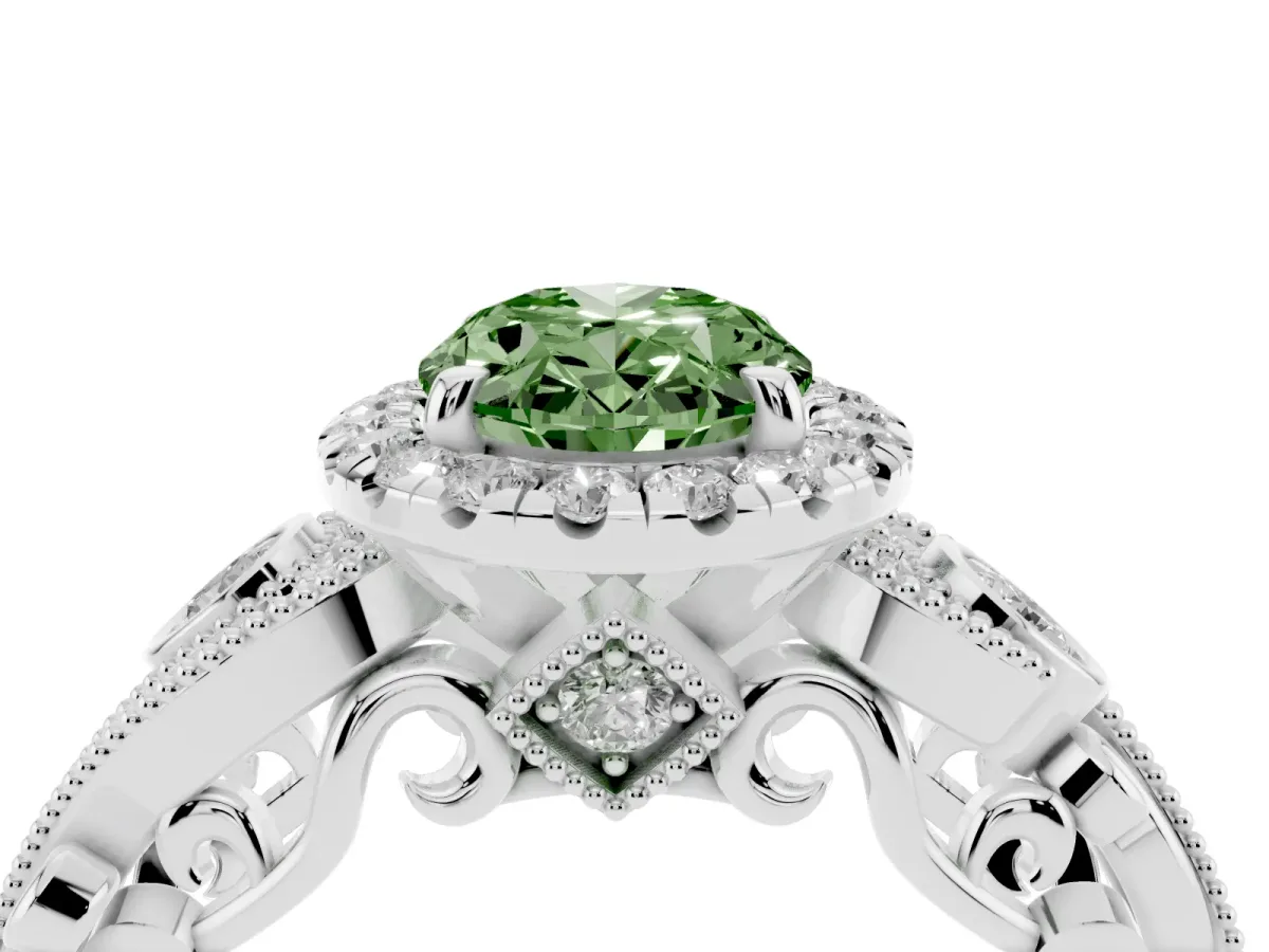 Fancy Green Oval Cut Halo Diamond Ring with Milgrain and Bezel Accents on a Split Shank Band White gold