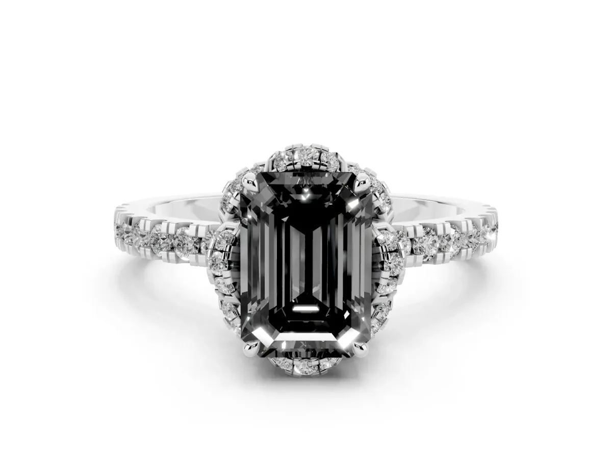 Fancy Black Emerald Cut Diamond Halo Pave Band with Four-Prong Setting Silver