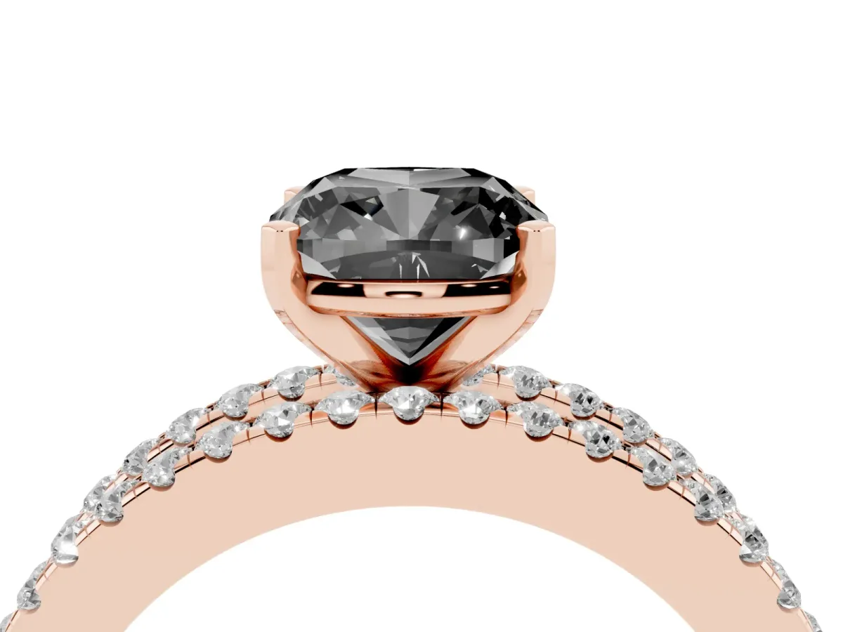 Fancy Black Cushion Cut Diamond Solitaire Ring with Pavé and Channel Set Band Rose gold