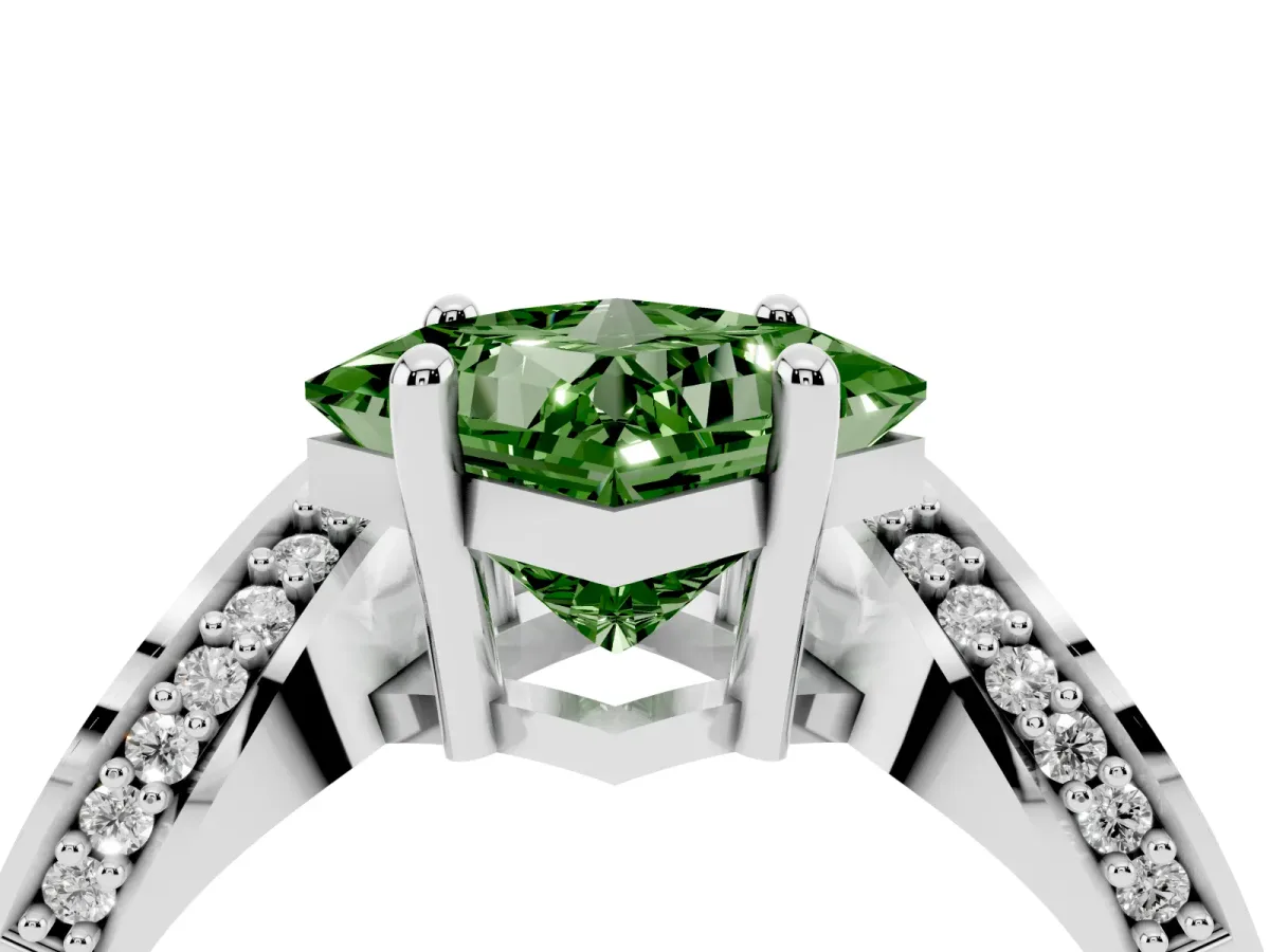 Fancy Green Princess Cut Solitaire Diamond Engagement Ring with Pave Band and Four-Prong Setting White gold