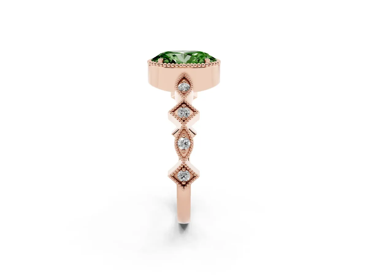 Fancy Green Oval Cut Milgrain Marquise Diamond Twist Band Ring Rose gold