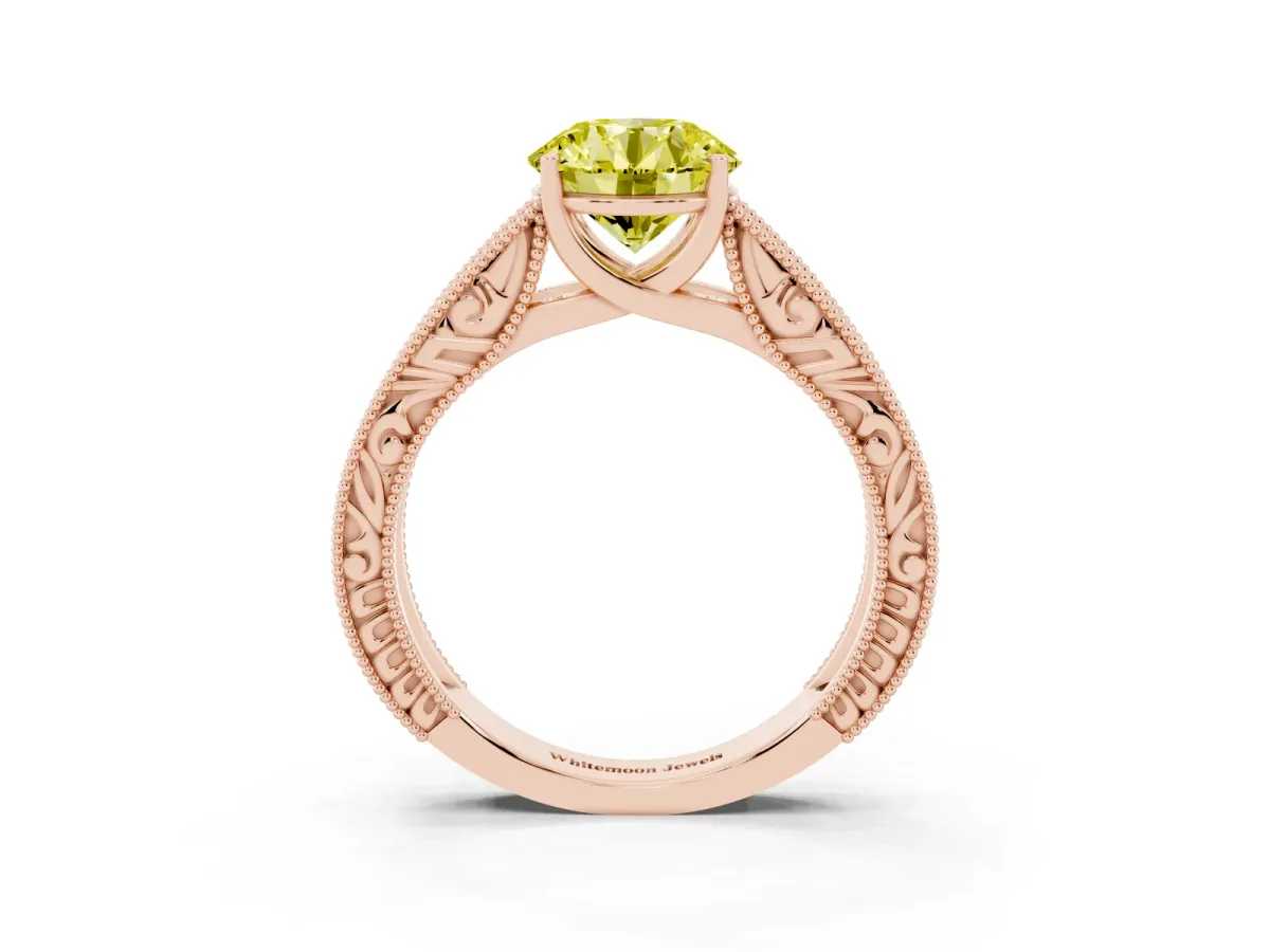 Fancy Yellow Round Cut Diamond Solitaire Ring with Engraved Band and Four-Prong Setting Rose gold