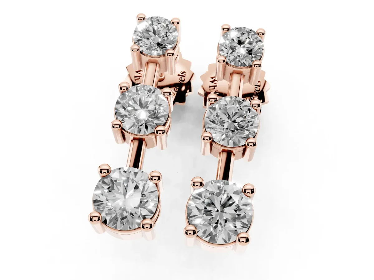 Three-Stone Round Cut Drop Earrings with Prong Setting Rose gold