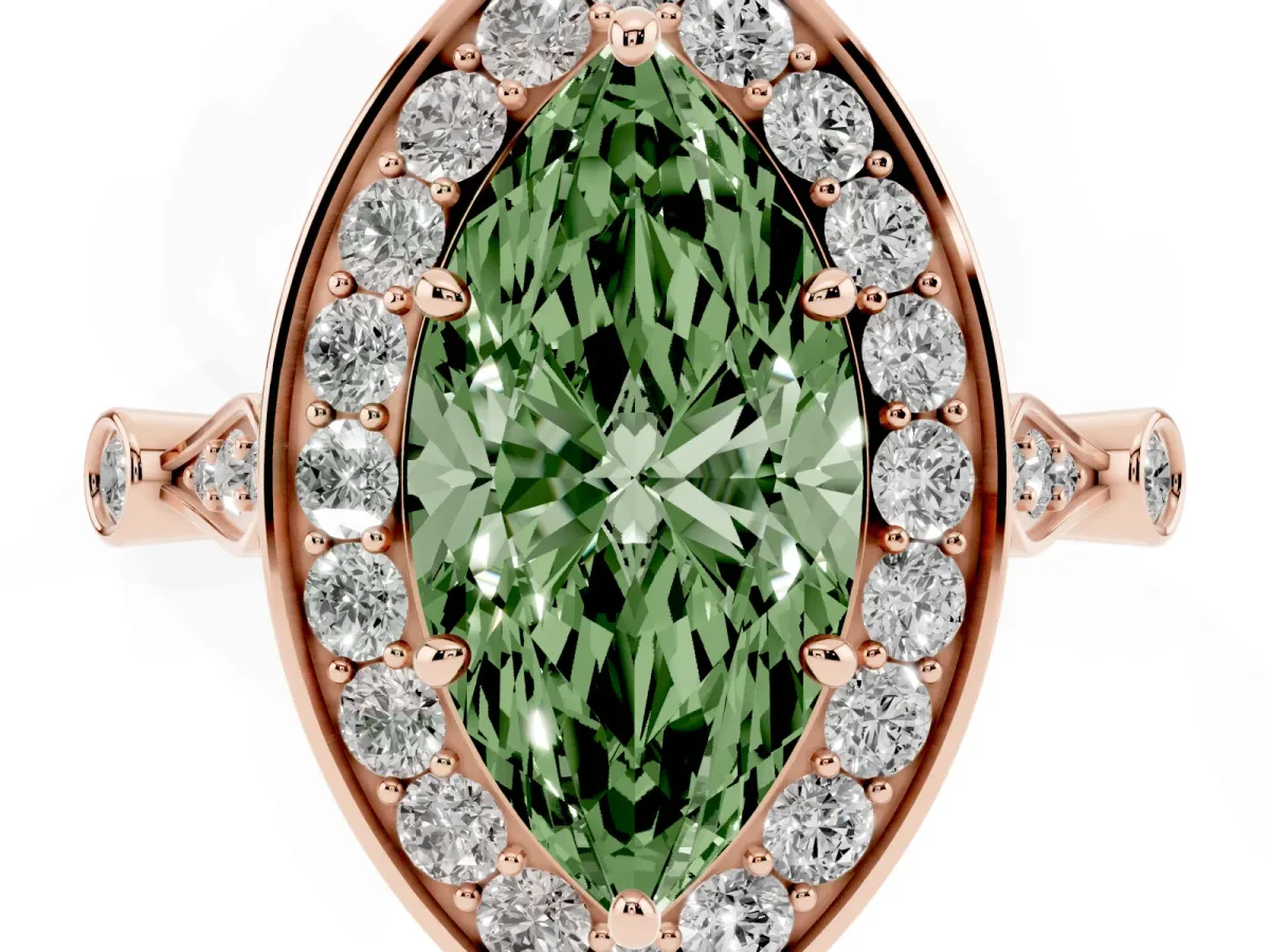 Fancy Green Marquise Cut Halo Diamond Engagement Ring with Twisted Band and Four-Prong Setting Rose gold